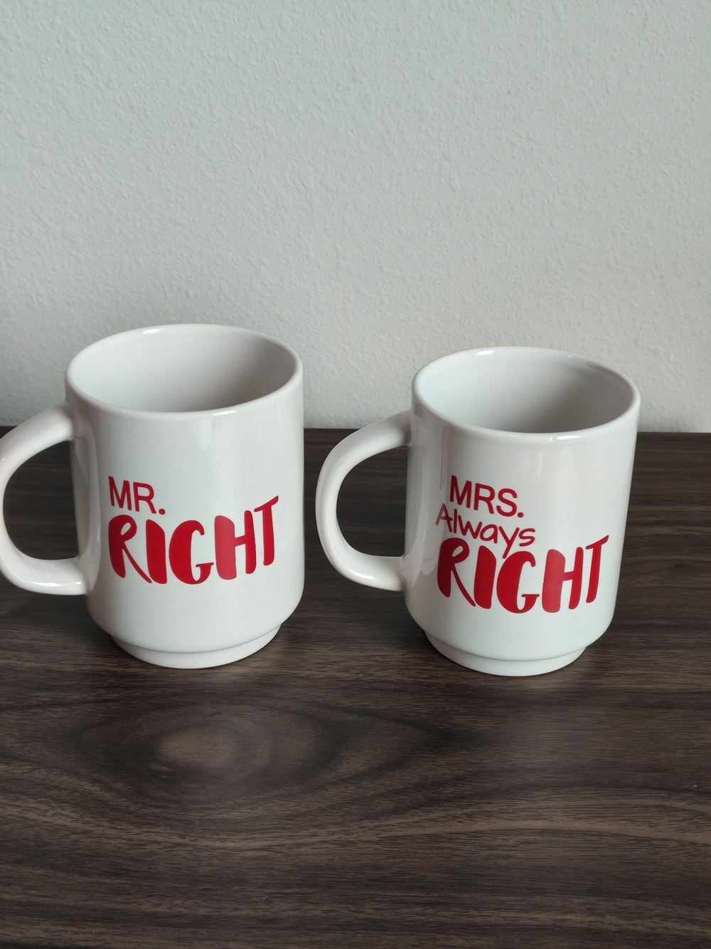 Mr. Right & Mrs. Always Right White Ceramic Mug Set with Red Lettering